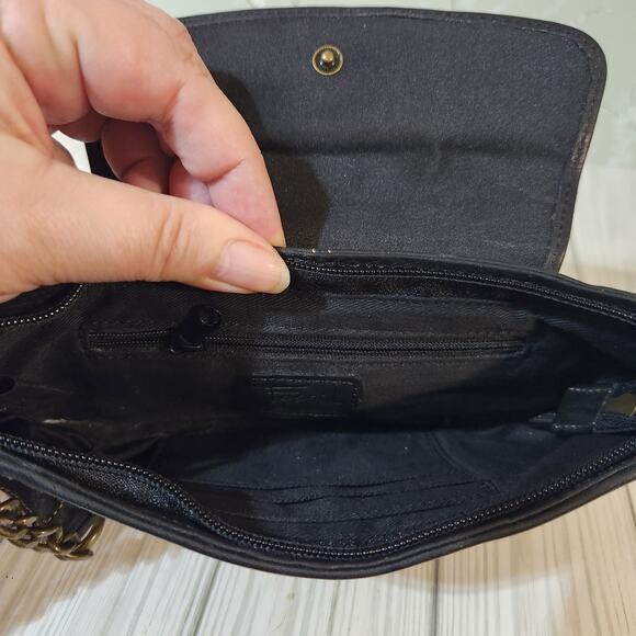 Fossil Black Leather Quilted Embroidered Zipped Chain Link Wristlet Mini Clutch - Picture 7 of 10